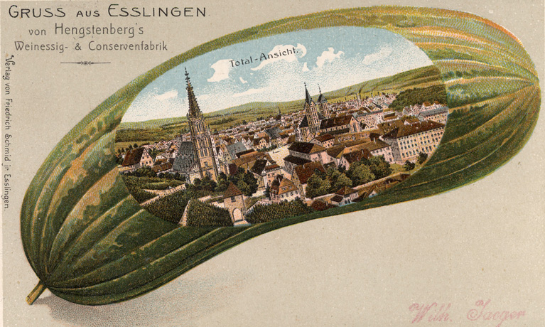 Una postal histórica con un pepino y la ciudad de Esslingen.